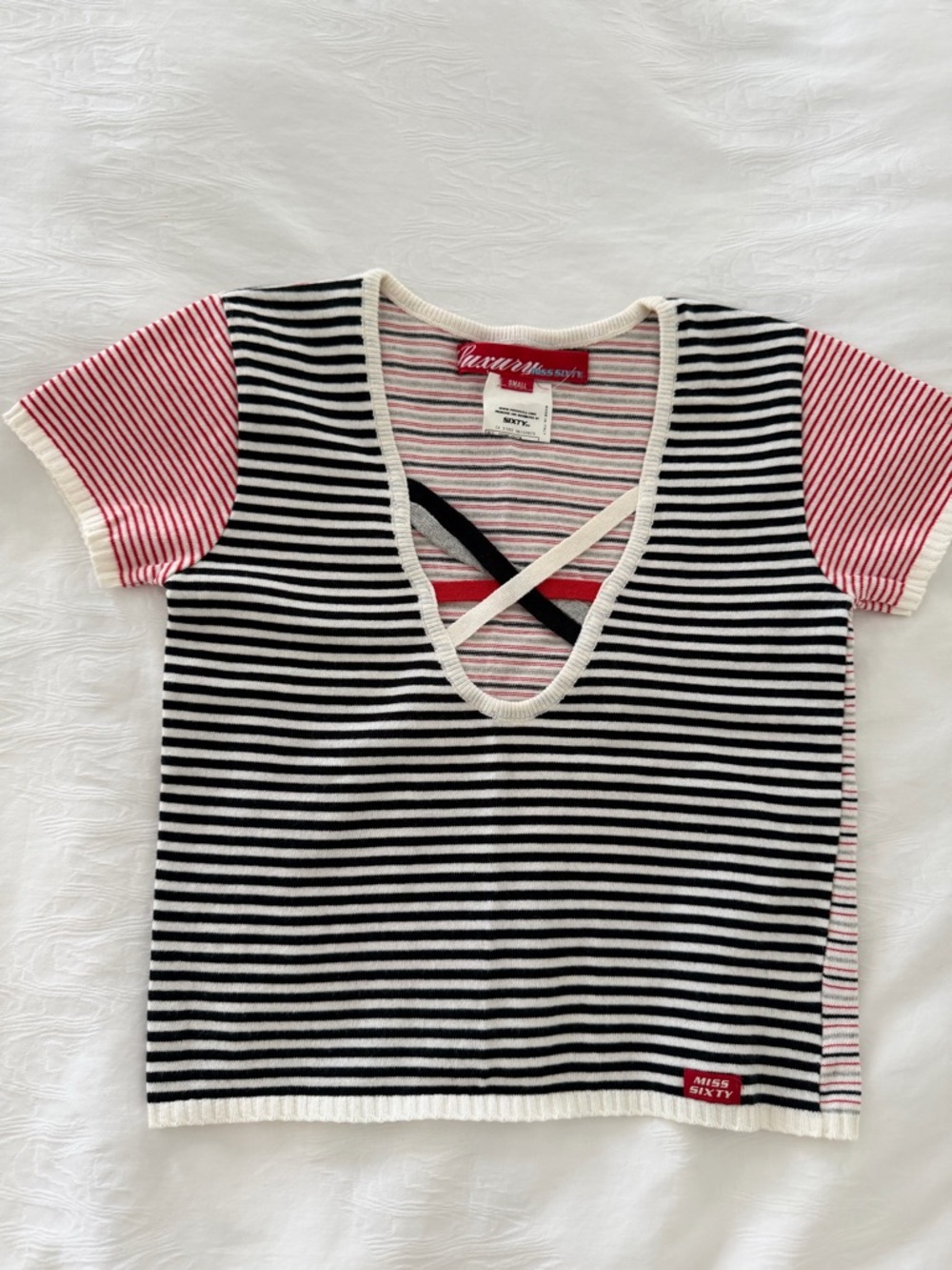 Miss Sixty Striped V-Neck Top in Black, White & Red